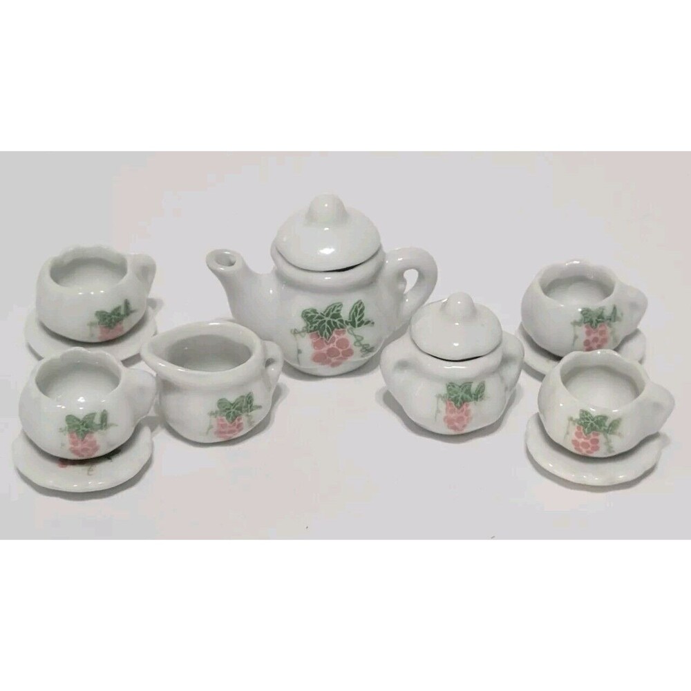 Vintage Miniature Dollhouse Tea Set Porcelain Berries With Vine Design 13 Pieces